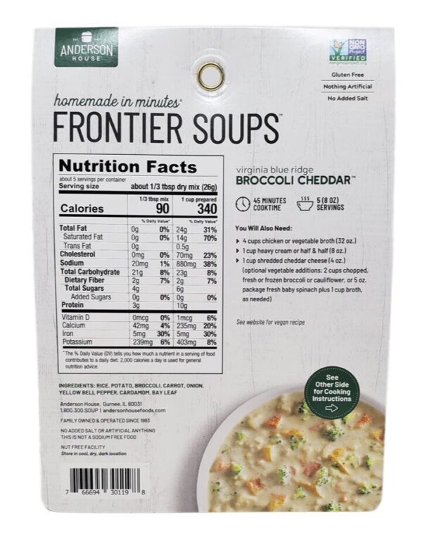 The packaging of Frontier Soups Broccoli Cheddar Soup Mix - 5oz displays nutritional information and preparation instructions above a picture of the finished soup.