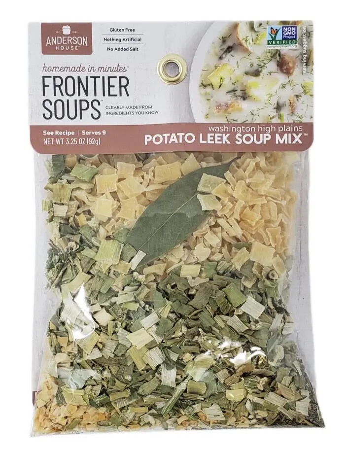 Package of Anderson House Frontier Soups Potato Leek Soup Mix, featuring dried ingredients.