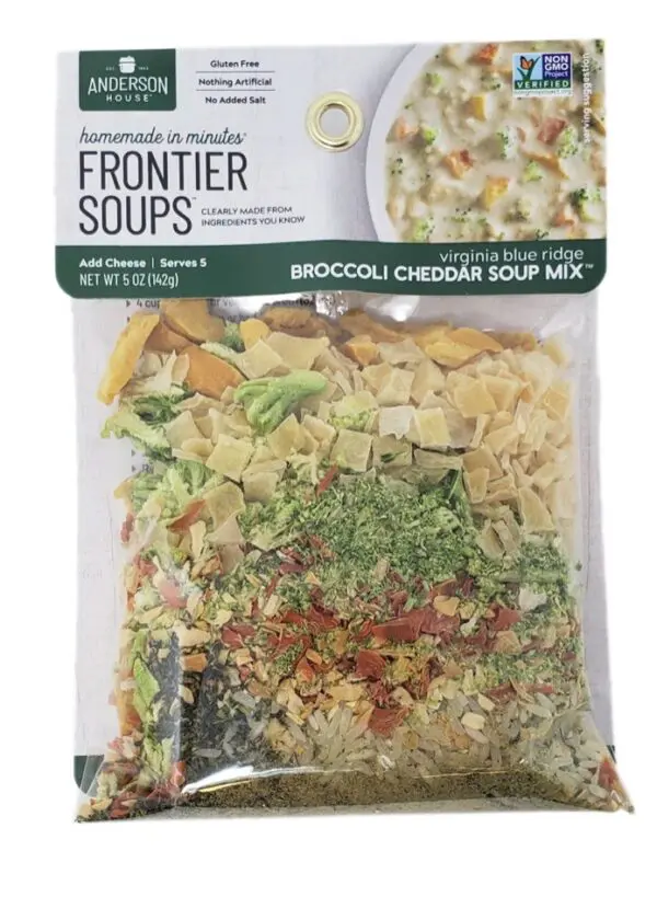 Package of Anderson House Frontier Soups, Virginia Blue Ridge Broccoli Cheddar Soup Mix, showing dried ingredients.