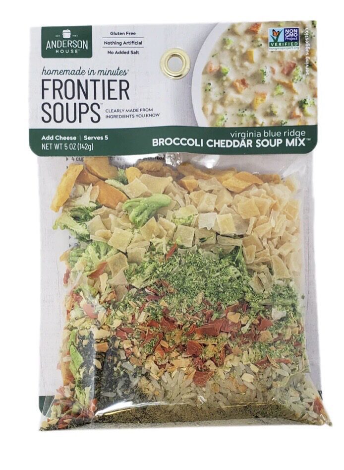 Package of Anderson House Frontier Soups, Virginia Blue Ridge Broccoli Cheddar Soup Mix, showing dried ingredients.