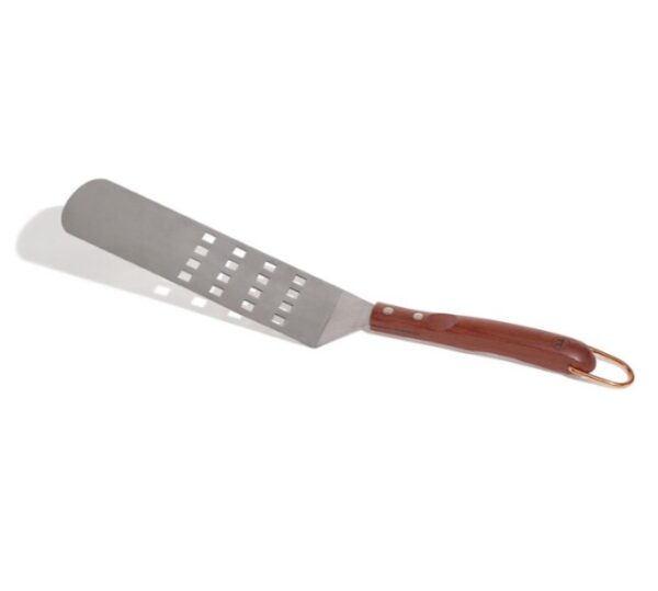 A metal spatula with a slotted, rectangular blade and a wooden handle.