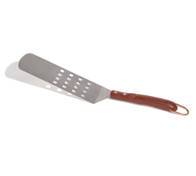 A metal spatula with a slotted, rectangular blade and a wooden handle.