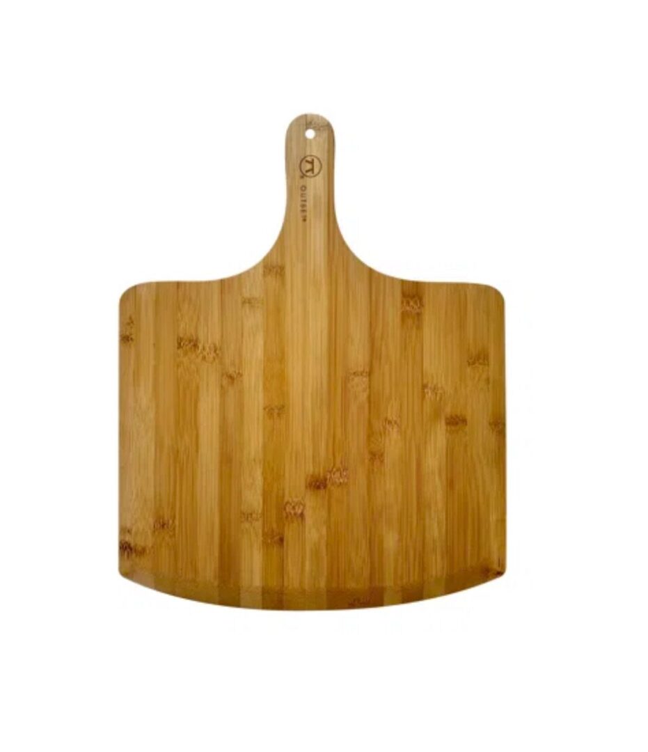 A rectangular wooden pizza paddle with a handle, featuring a smooth finish and hanging hole at the tip.