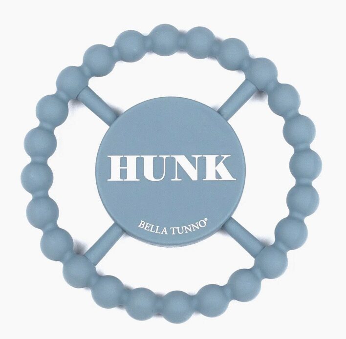 Round blue teething ring with textured beads and "HUNK" written on the front.