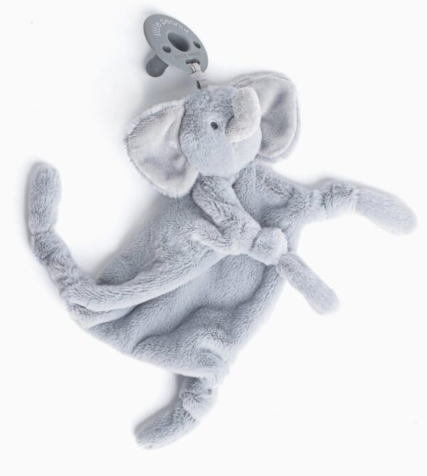 The Elephant Bubbi Buddy is a gray plush pacifier holder featuring large ears and a knotted tail set against a white background.