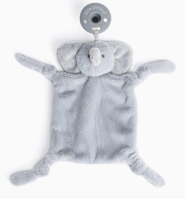 A flat, gray plush elephant toy with outstretched arms and legs, featuring large ears and a trunk. A circular black tag is attached at the top.