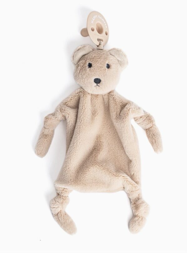 The Bear Bubbi Buddy is a beige plush teddy bear pacifier holder featuring soft, floppy limbs and a button-shaped clip attached.