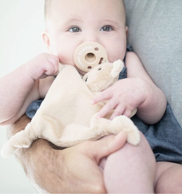 A baby holding a Bear Bubbi Buddy and a pacifier is cradled in someone's arms, wearing a dark-colored outfit.