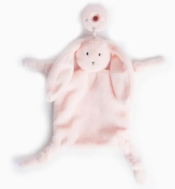 Plush pink bunny pacifier holder with long ears and black embroidered eyes and nose.