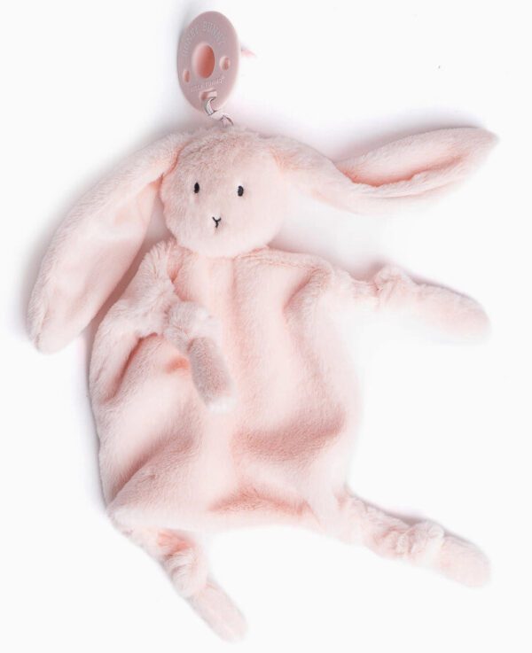 A plush toy called the Bunny Bubbi Buddy, featuring a soft pink rabbit shape with long ears and a pacifier clip attached.
