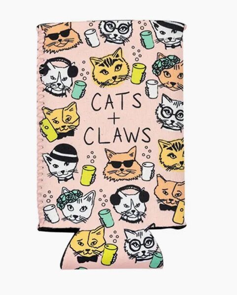 Pink koozie featuring illustrations of cats with glasses and cans, with the text "CATS + CLAWS.
