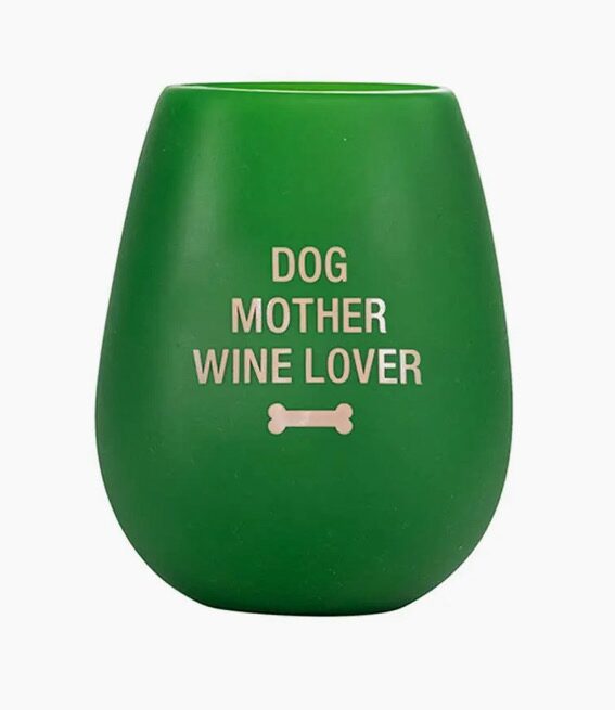 Green glass with the text "Dog Mother Wine Lover" and a small bone graphic.