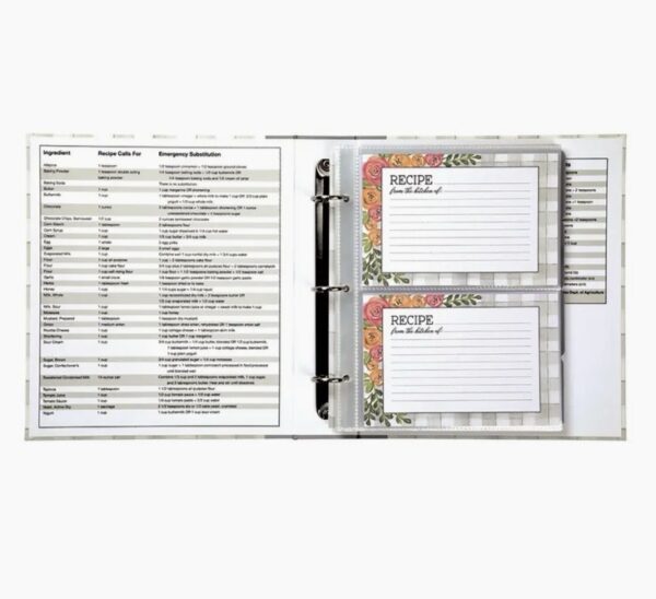 Floral Recipe Binder featuring an ingredient list on the left and floral recipe cards on the right.
