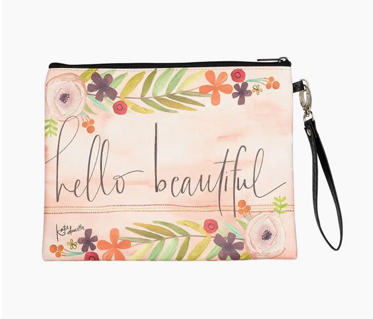 Floral pouch with "hello beautiful" text, featuring orange, pink, and green designs.