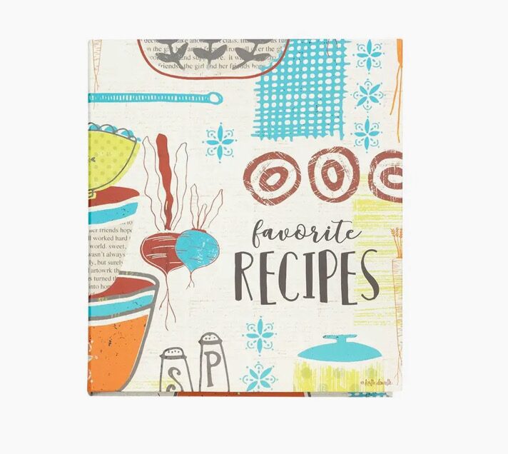 A colorful recipe book cover with illustrations of kitchen items, vegetables, and the title "Favorite Recipes.