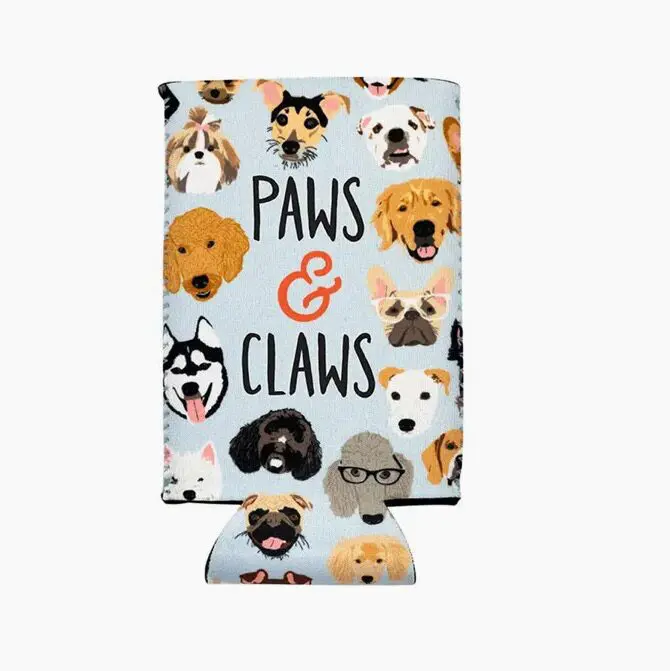 A towel featuring illustrations of various dog breeds with the text "Paws & Claws" in the center on a light background.