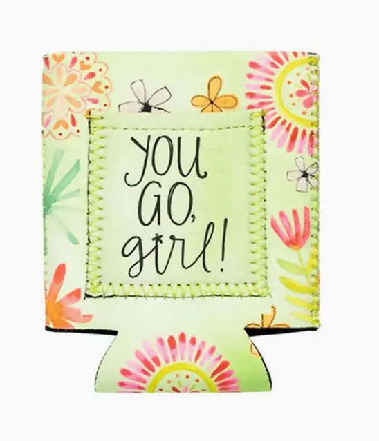 A green floral can cooler with the text "YOU GO, girl!" in the center.