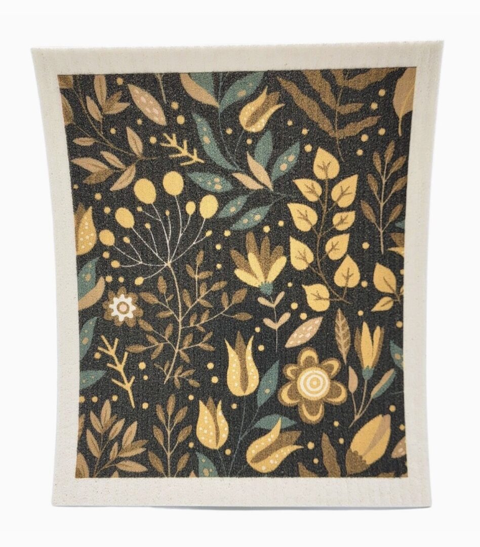 A curved rectangular panel with a floral pattern featuring yellow, green, and beige leaves and flowers against a dark background.
