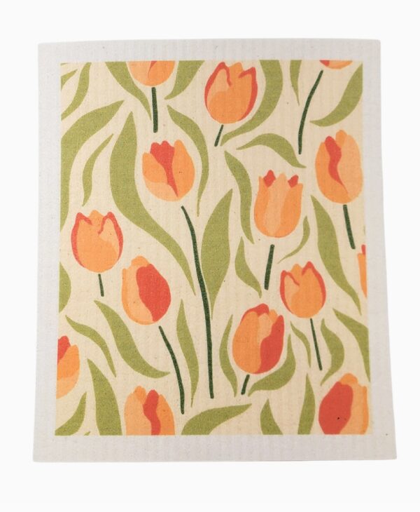 Beige cloth with an orange tulip and green leaf pattern.