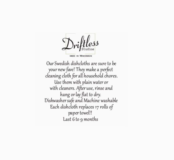 Label for Sunflower Patterned Swedish Dishcloths with washing instructions and benefits, highlighting their durability and eco-friendliness compared to paper towels.
