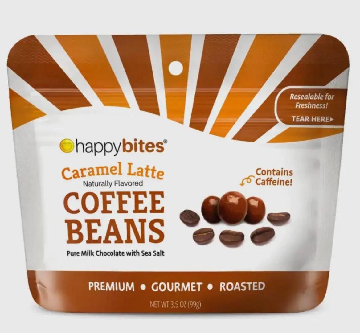 Package of happybites Caramel Latte Coffee Beans, naturally flavored with pure milk chocolate and sea salt. Resealable bag, 3.5 oz, labeled as containing caffeine.