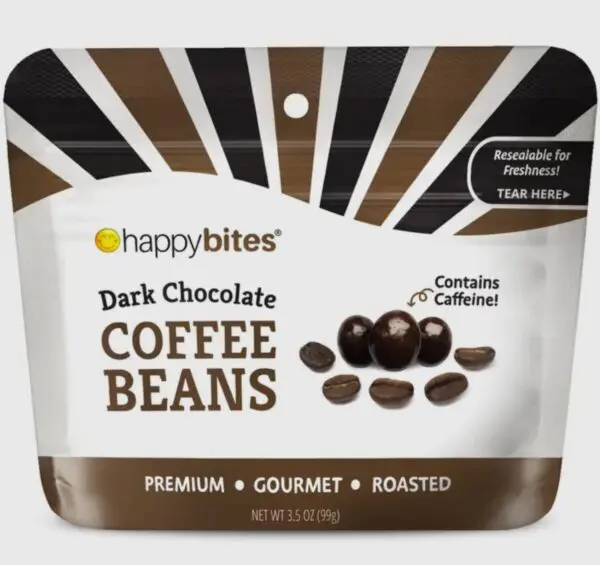 Bag of Happy Bites dark chocolate coffee beans, 3.5 oz, labeled "Contains Caffeine!" and "Resealable for Freshness." Brown and white packaging with coffee bean image.
