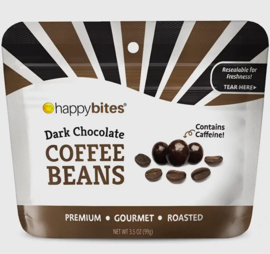 Bag of Happy Bites dark chocolate coffee beans, 3.5 oz, labeled "Contains Caffeine!" and "Resealable for Freshness." Brown and white packaging with coffee bean image.