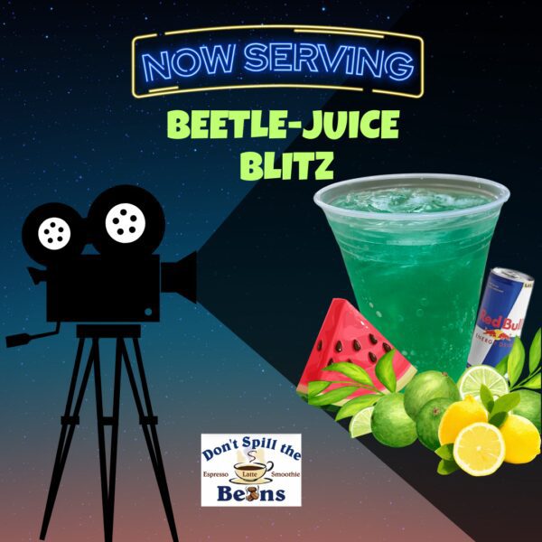 Poster featuring a blue-green drink labeled "Grinchberry Refresher (Club Soda)" next to a watermelon slice, lime, lemon, Red Bull can, and a vintage film camera under a "Now Serving" sign.