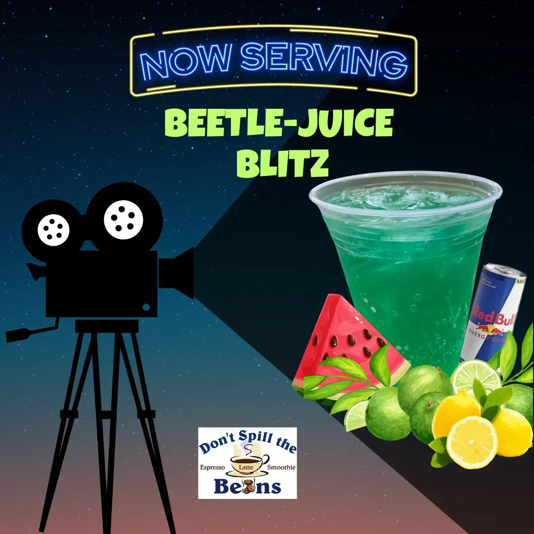 Poster featuring a blue-green drink labeled "Grinchberry Refresher (Club Soda)" next to a watermelon slice, lime, lemon, Red Bull can, and a vintage film camera under a "Now Serving" sign.