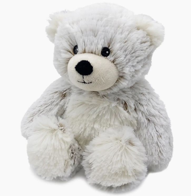 The Marshmallow Bear Warmie - Small, a cuddly white teddy bear with black eyes and a tiny black nose, sits against a plain white background.