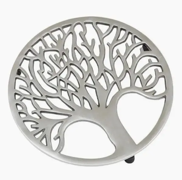 A Tree Trivet with a round, silver design showcasing leafless branches.