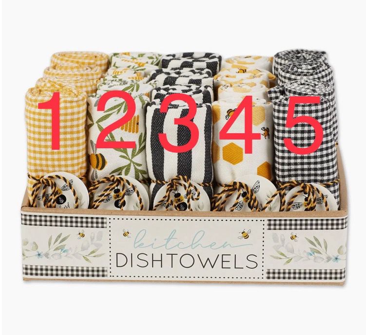 A display box of Honey Bee Dish Towels features various patterns, including yellow check, bee and flower print, black stripes, hexagons with bees, and black gingham. It contains five rows numbered 1 to 5.
