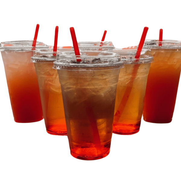 Six Summer Refreshers with Red Bull in clear plastic cups featuring red straws, each drink showcasing a red base layered beneath a lighter top.